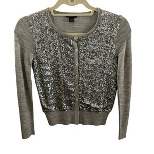 Ann Taylor sequin merino wool cardigan grey sweater size XSP